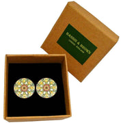 Bassin and Brown Kaleidoscope Flower Spray Cufflinks - Green/White/Orange