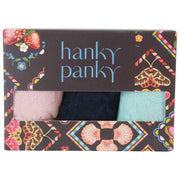Hanky Panky Signature Lace 3 Pack Original Rise Thongs - Blushing Rose/Navy/Celeste Blue
