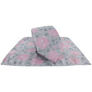 Michelsons of London Textured Rose Floral Polyester Tie and Pocket Square Set - Silver/Pink